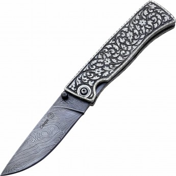 Нож складной КИЗЛЯР СТЕРХ сталь Дамаск рукоять серебро Кубачи глубокая резьба Нож складной КИЗЛЯР СТЕРХ сталь Дамаск рукоять серебро Кубачи глубокая резьба